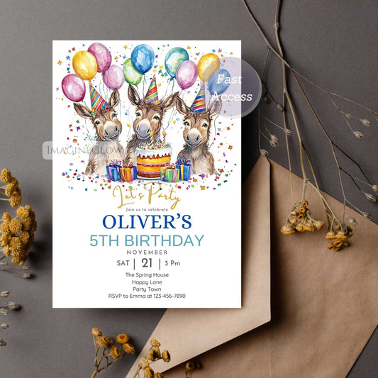 Donkey birthday invitation for kids
Farm animal party invite with donkey
