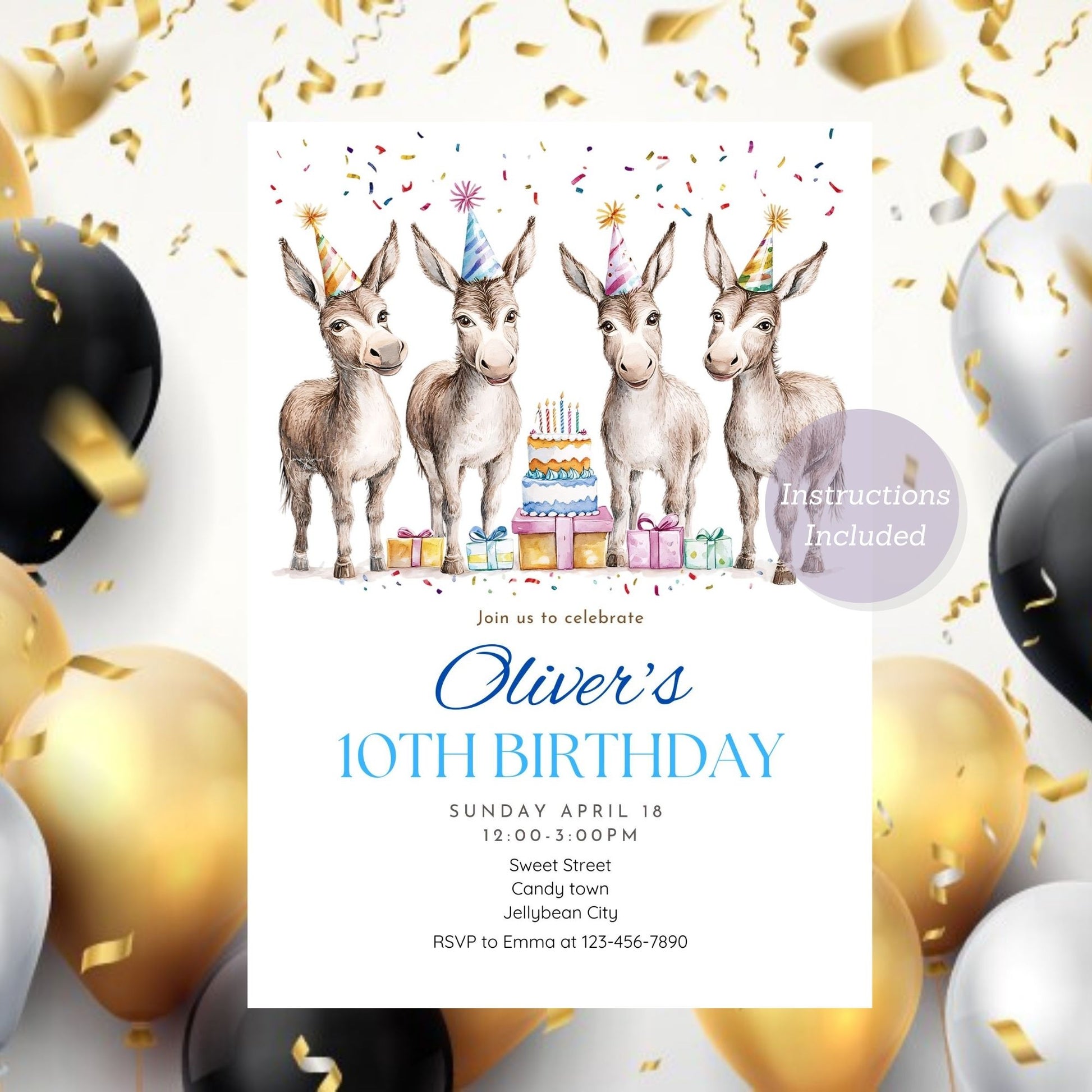 Cute donkey birthday invitation for farm-themed parties and celebrations.