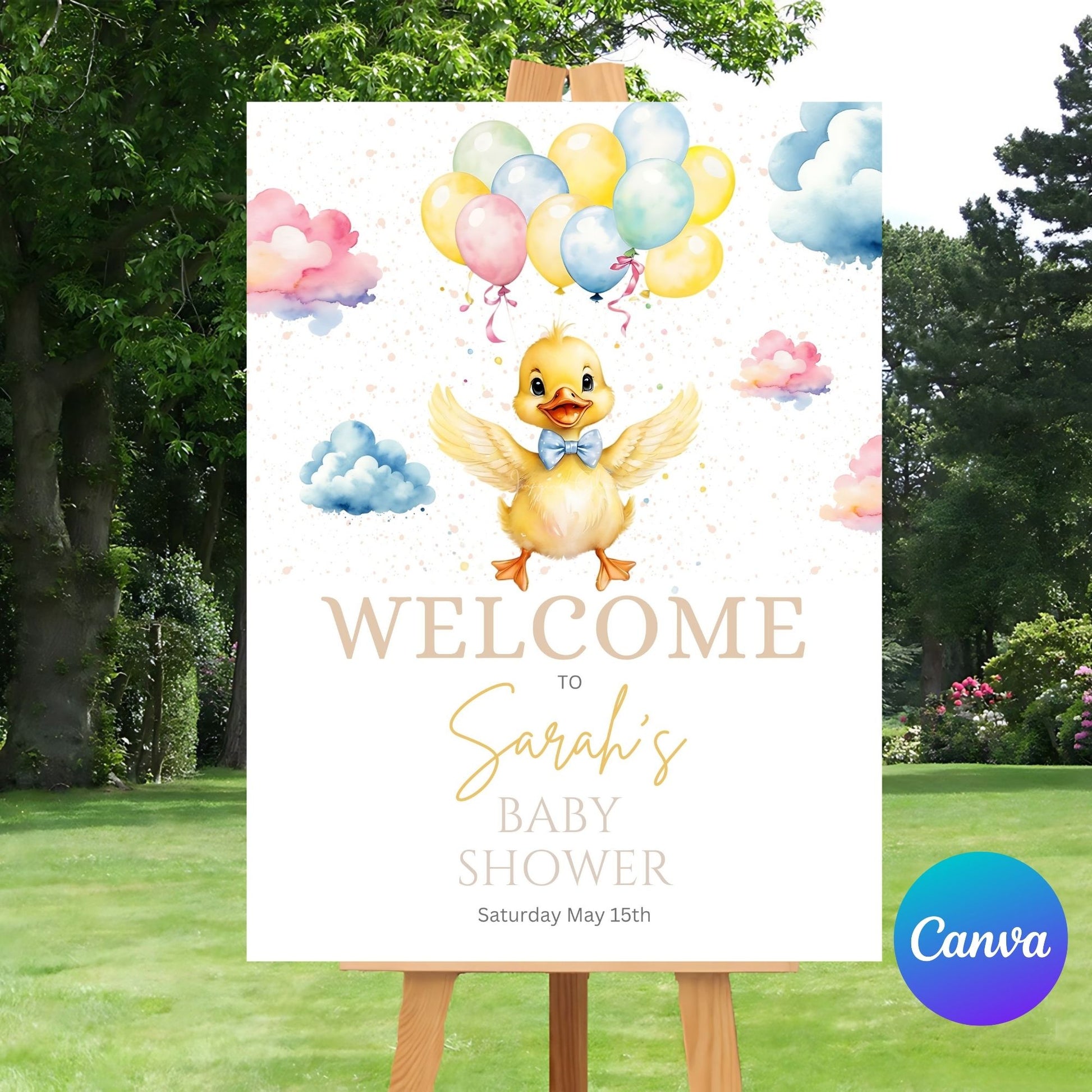 Duck-themed balloon party sign for baby shower or birthday.
