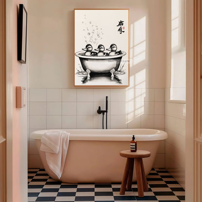 Whimsical duck family in bathtub vintage-style wall art
