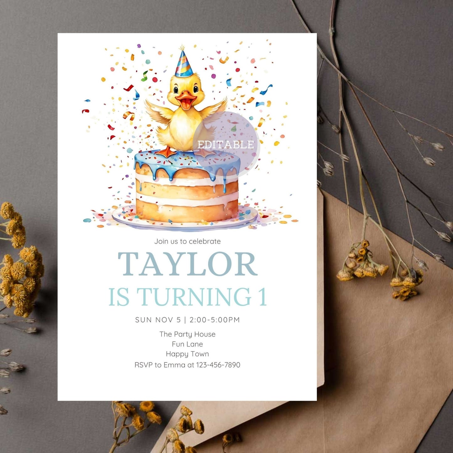 Cute duckling birthday invitation with an adorable duck theme.