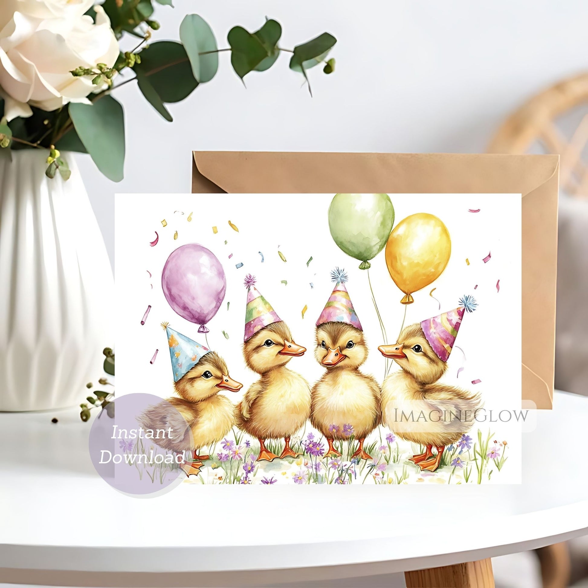 Greeting card with four baby ducks wearing party hats and balloons, on a white background.