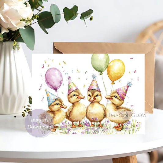 Greeting card with four baby ducks wearing party hats and balloons, on a white background.