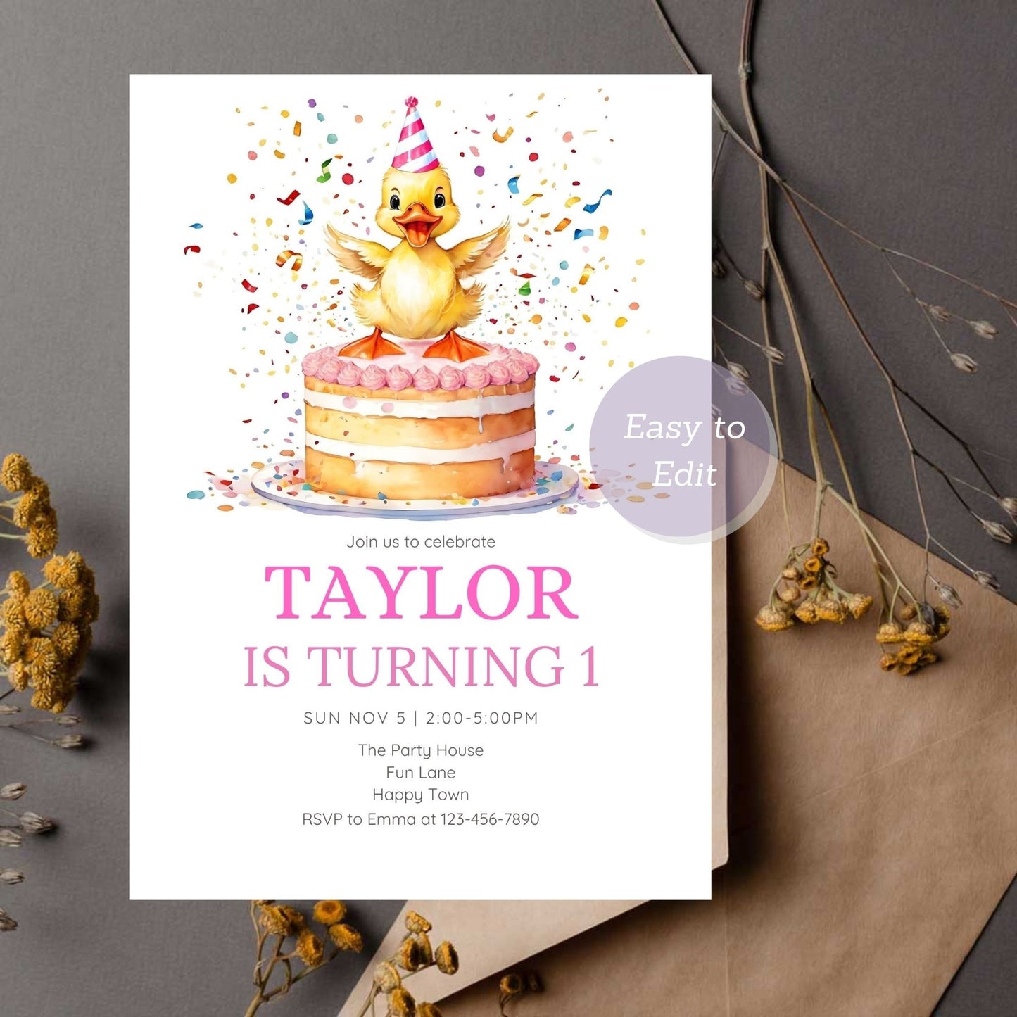 Duckling First Birthday Invite - Pink Party Invitation - Girls Birthday Party