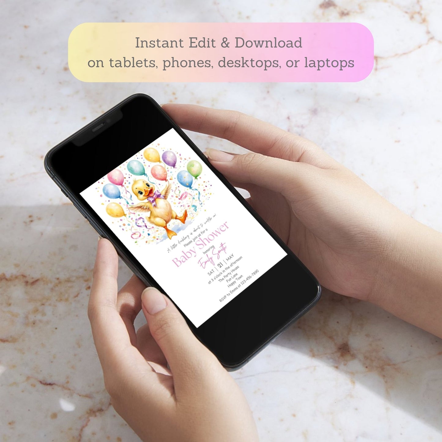 yellow balloons
cute duckling baby girl shower invitation
