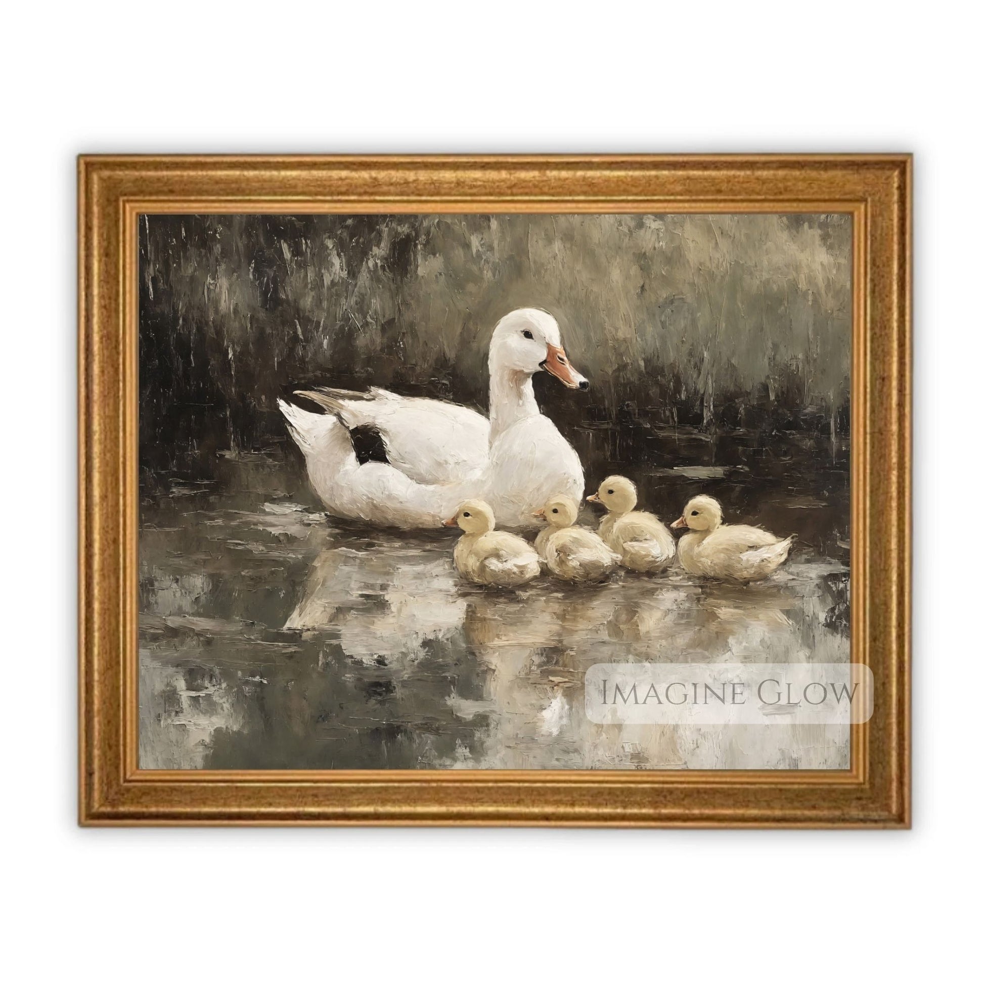 Cottagecore-style duck print with ducklings in water
