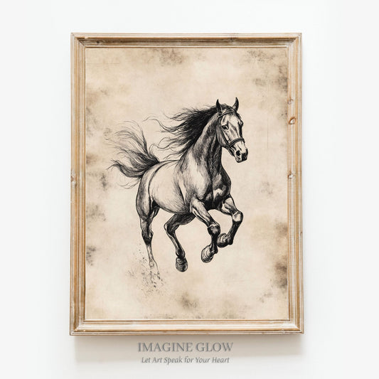 Dynamic vintage horse sketch art print for rustic decor.
