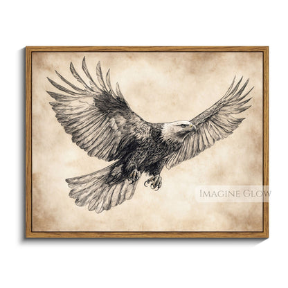 Black and white eagle sketch art print, wildlife bird of prey illustration.
