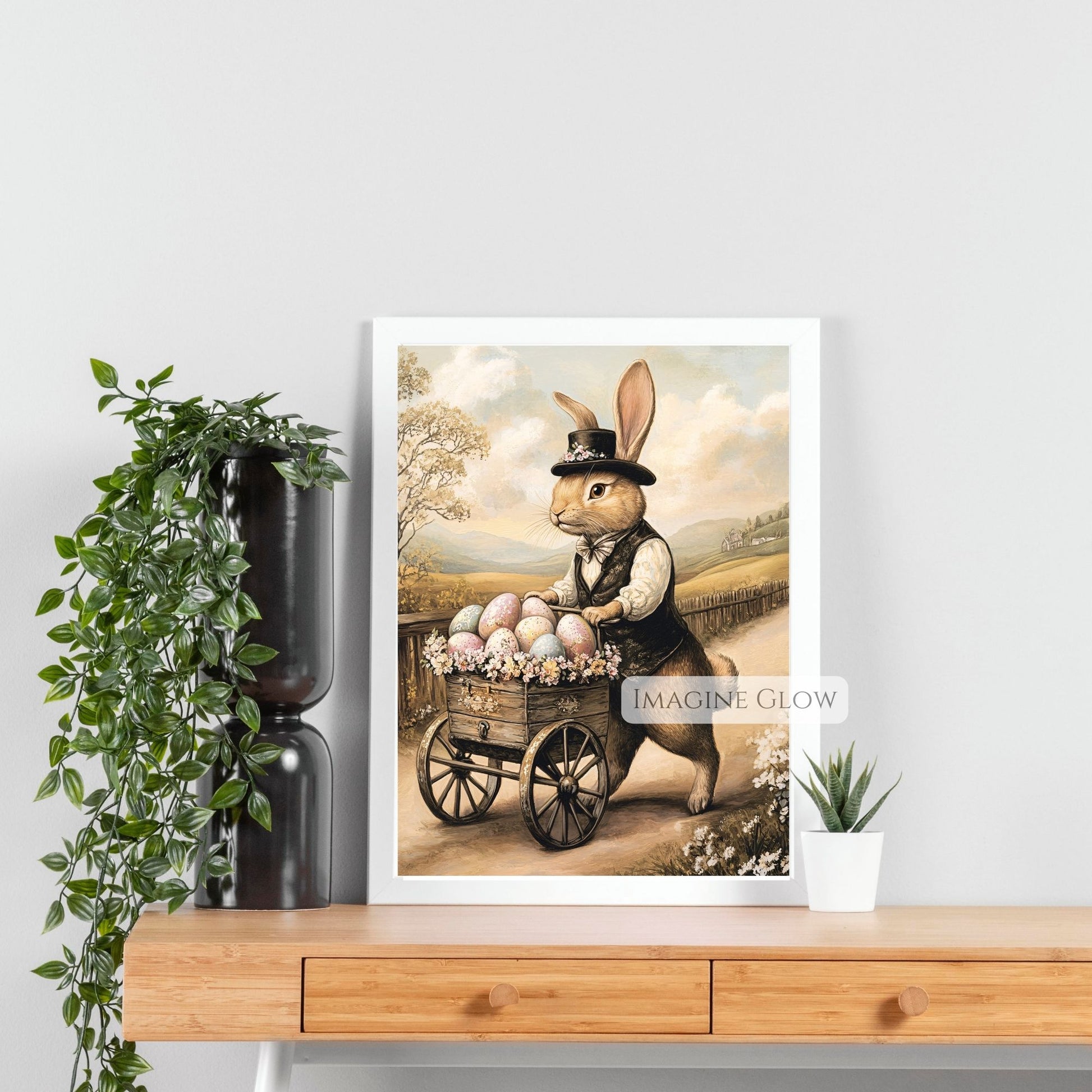 Vintage Easter bunny illustration with eggs in a soft spring setting.
