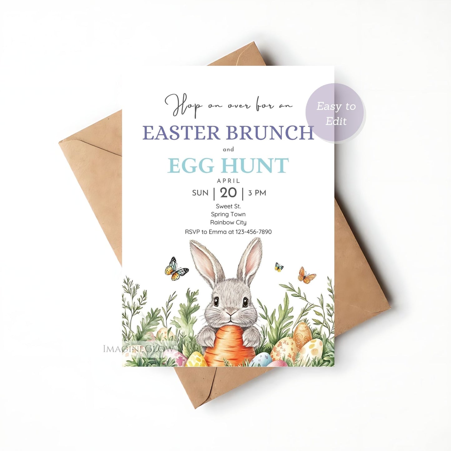 Easter Party Invitation Featuring Bunny with Basket and Eggs
