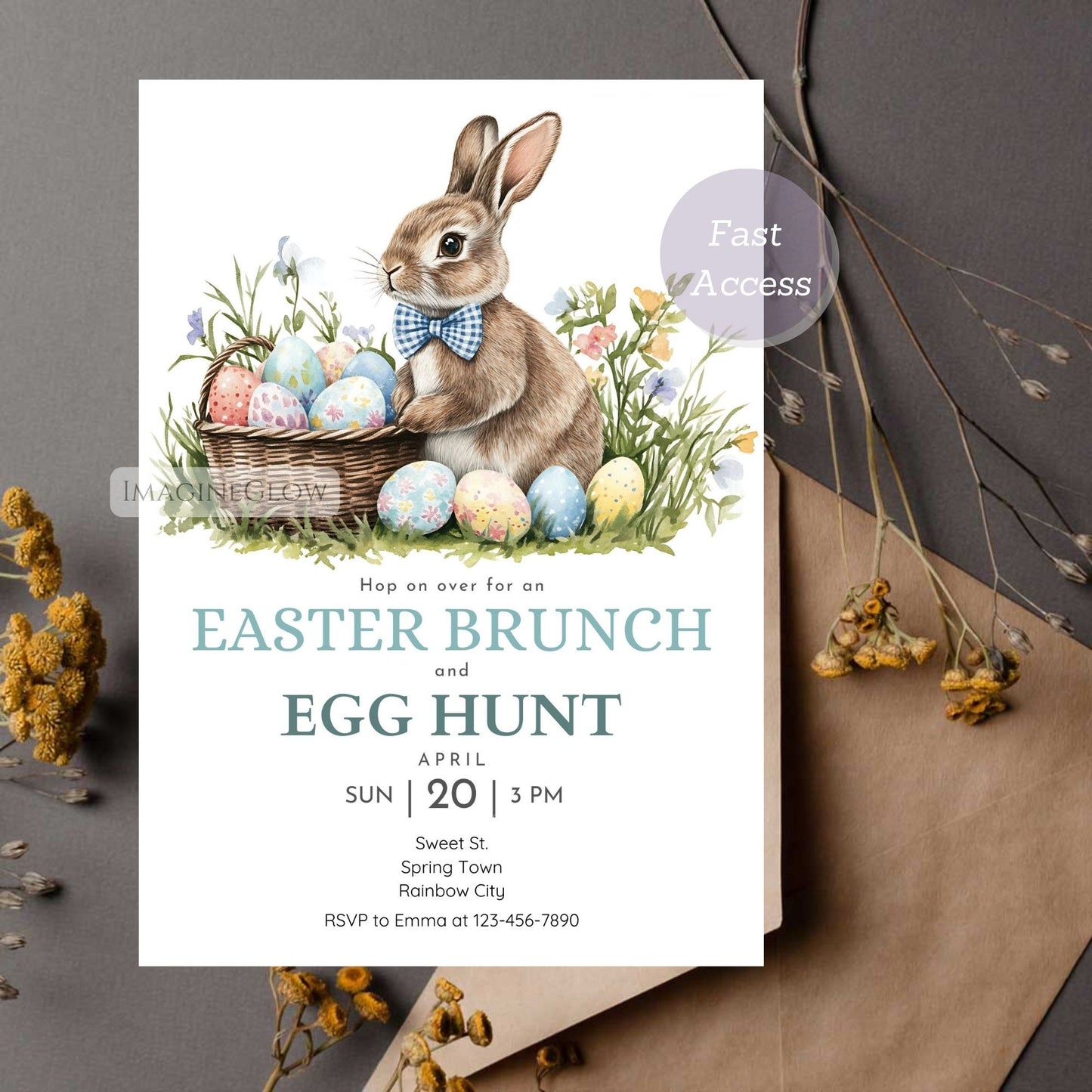 Editable Easter Bunny Invitation with Basket and Eggs
Cute Bunny with Eggs Invitation for Easter Celebration
