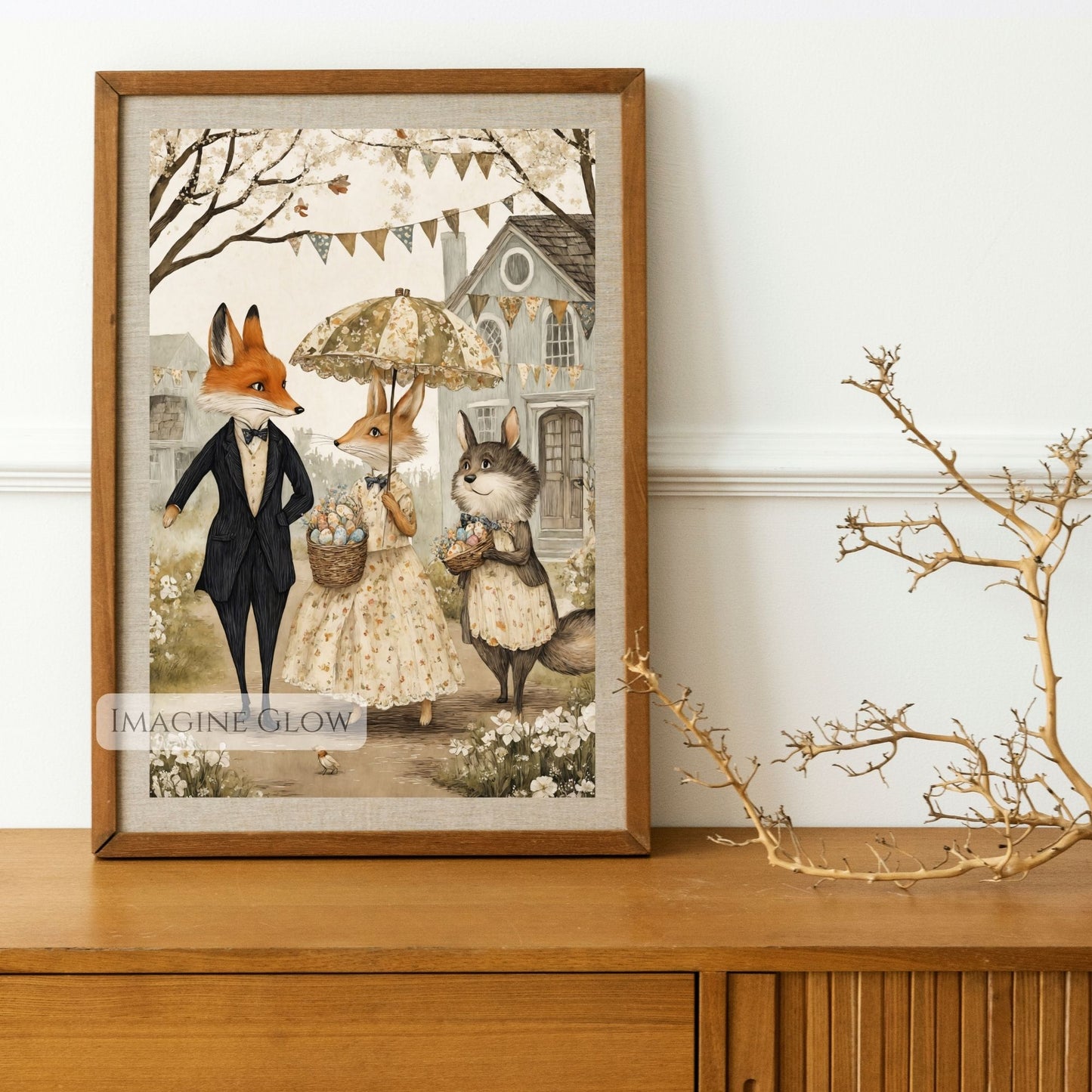 Easter Wall Art - Fox & Bunny with Floral Basket
