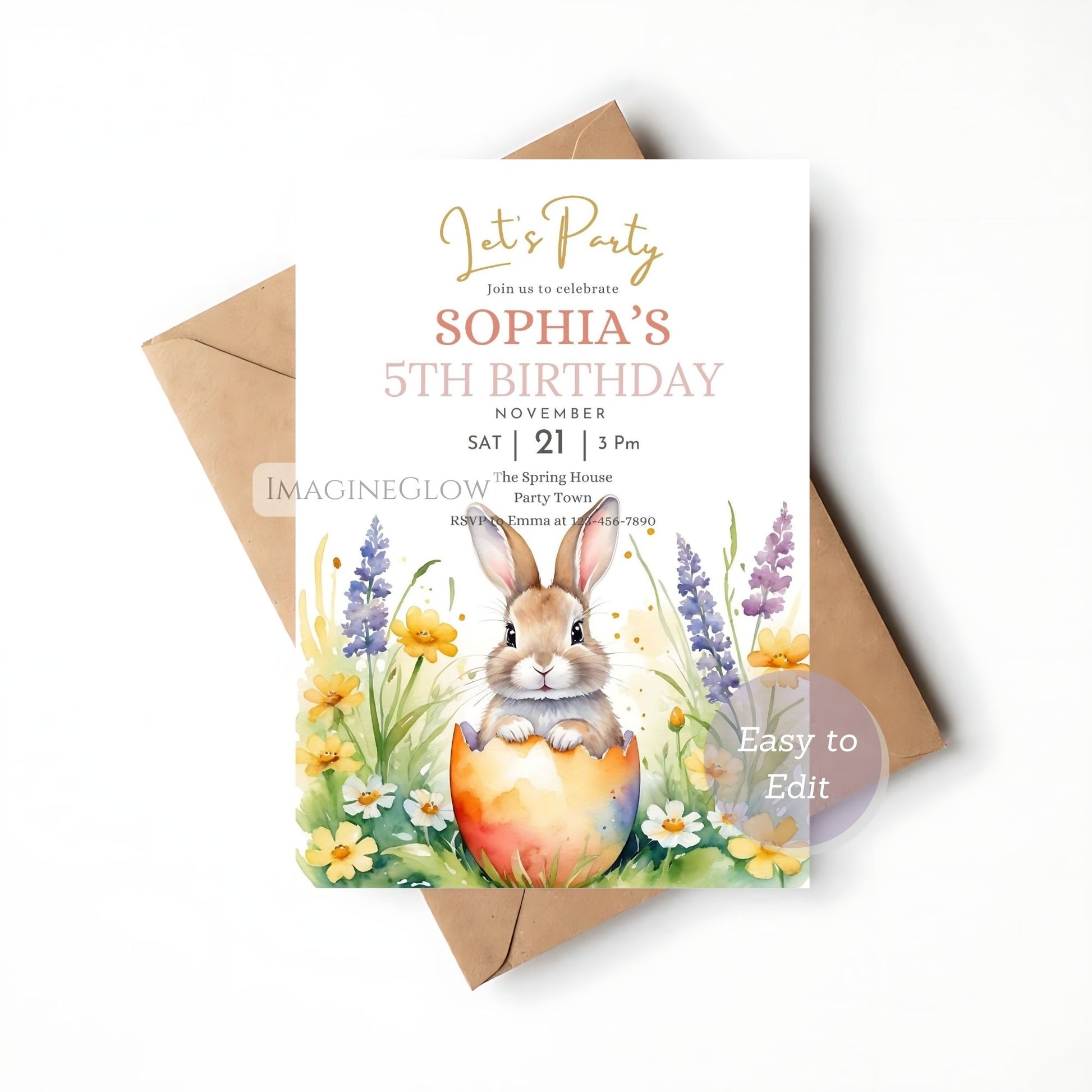 Birthday invitation card with a rabbit and Easter egg design, featuring an envelope on a white background.
