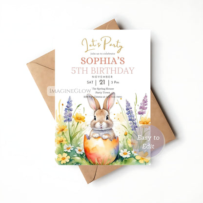 Birthday invitation card with a rabbit and Easter egg design, featuring an envelope on a white background.