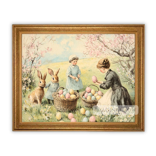 Children Easter egg hunt artwork, vintage wildflower theme.
