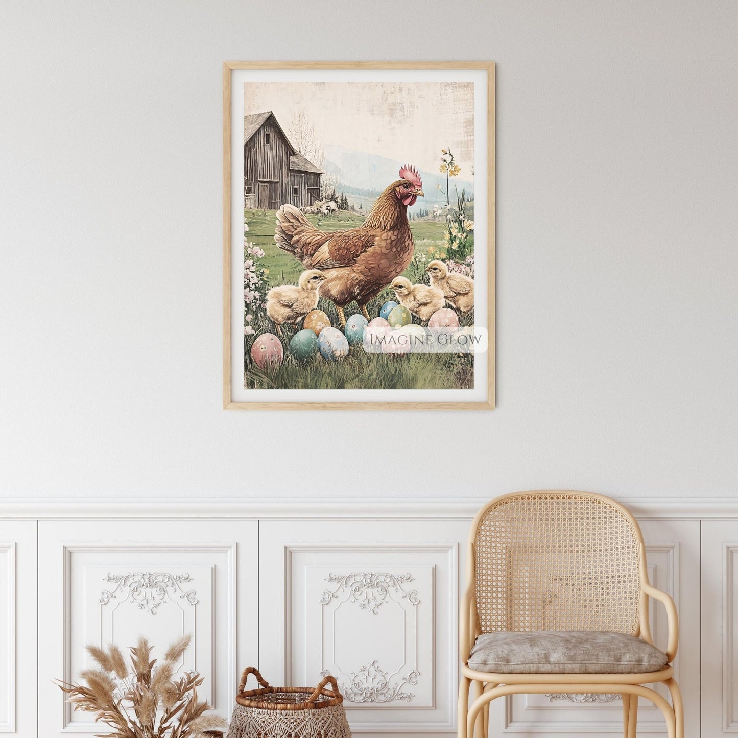 Vintage hen surrounded by chicks and Easter eggs art print.
