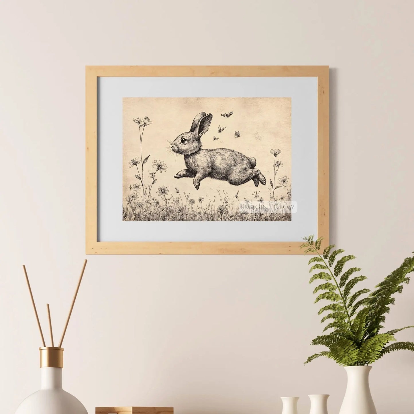 Rustic farmhouse wall art featuring a rabbit in a field.
