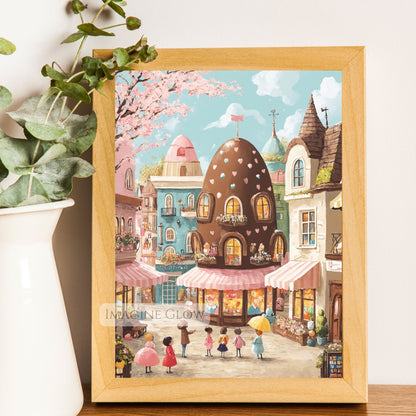 Cozy Easter village with holiday treats and pastel-colored houses