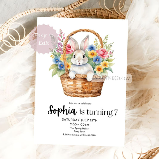 Invitation card with a bunny and flowers on a white background