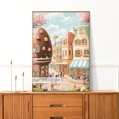 Storybook Easter town with festive streets and magical spring colors
