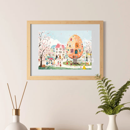 Pastel Easter town with festive homes and a magical spring atmosphere
