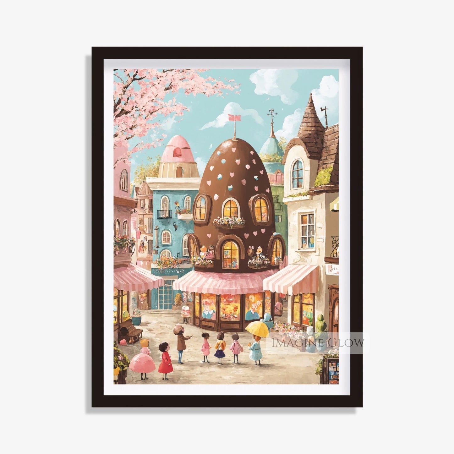 Easter village street with cherry blossoms and chocolate eggs
