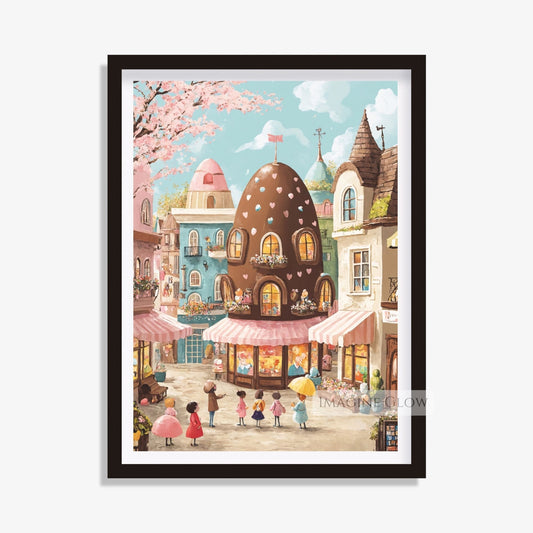 Easter village street with cherry blossoms and chocolate eggs
