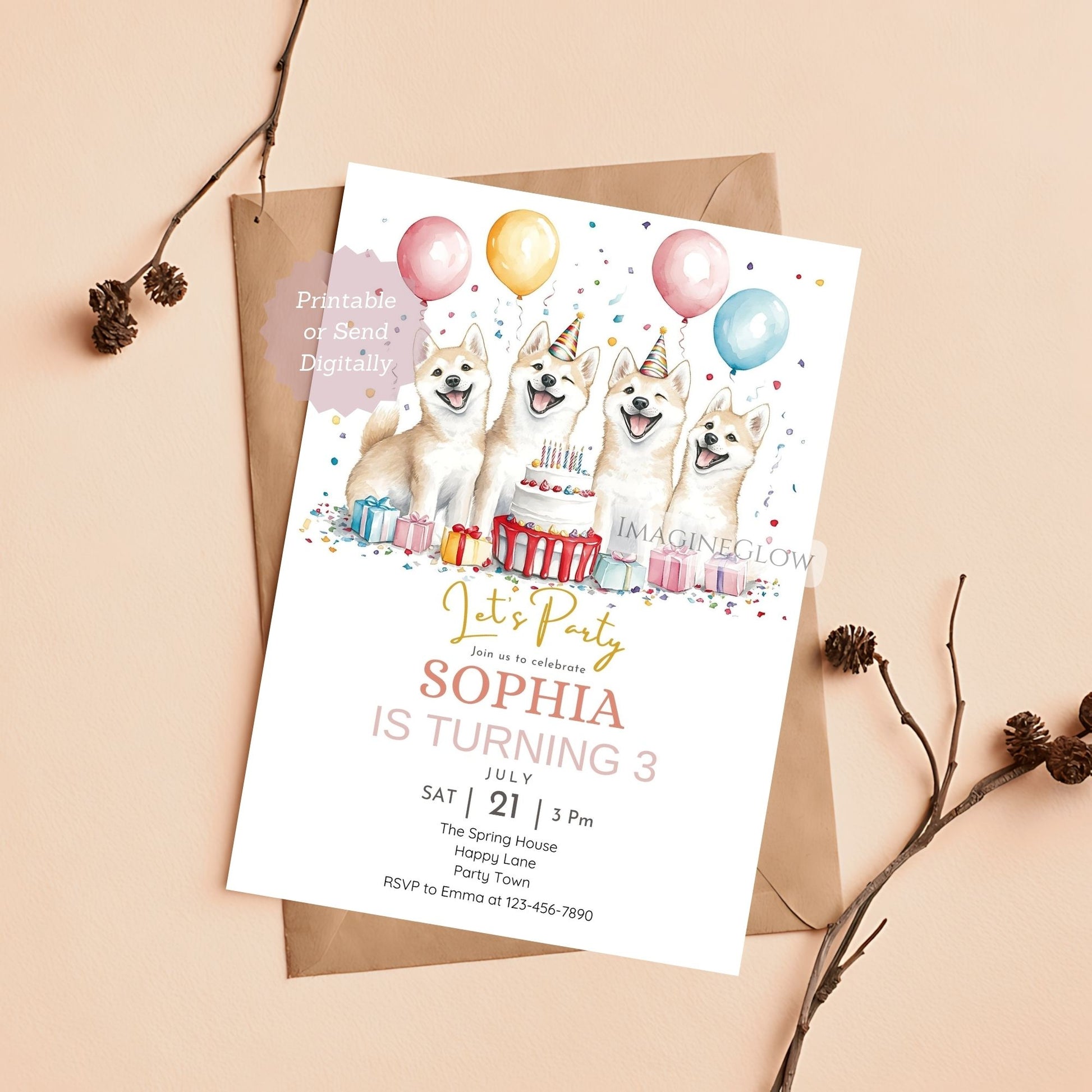 Akita birthday invitation editable in Canva
