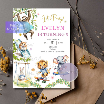 Animal playground birthday invitation with editable Canva design for kids’ party