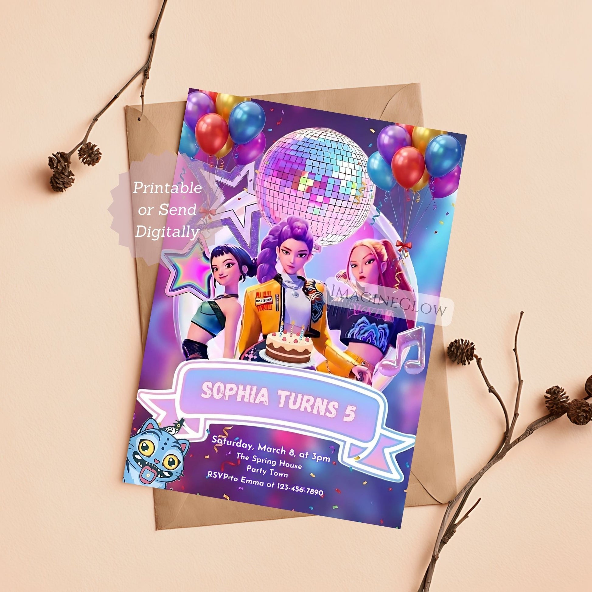 Birthday invitation card with colorful design featuring balloons and a disco ball on a beige background.