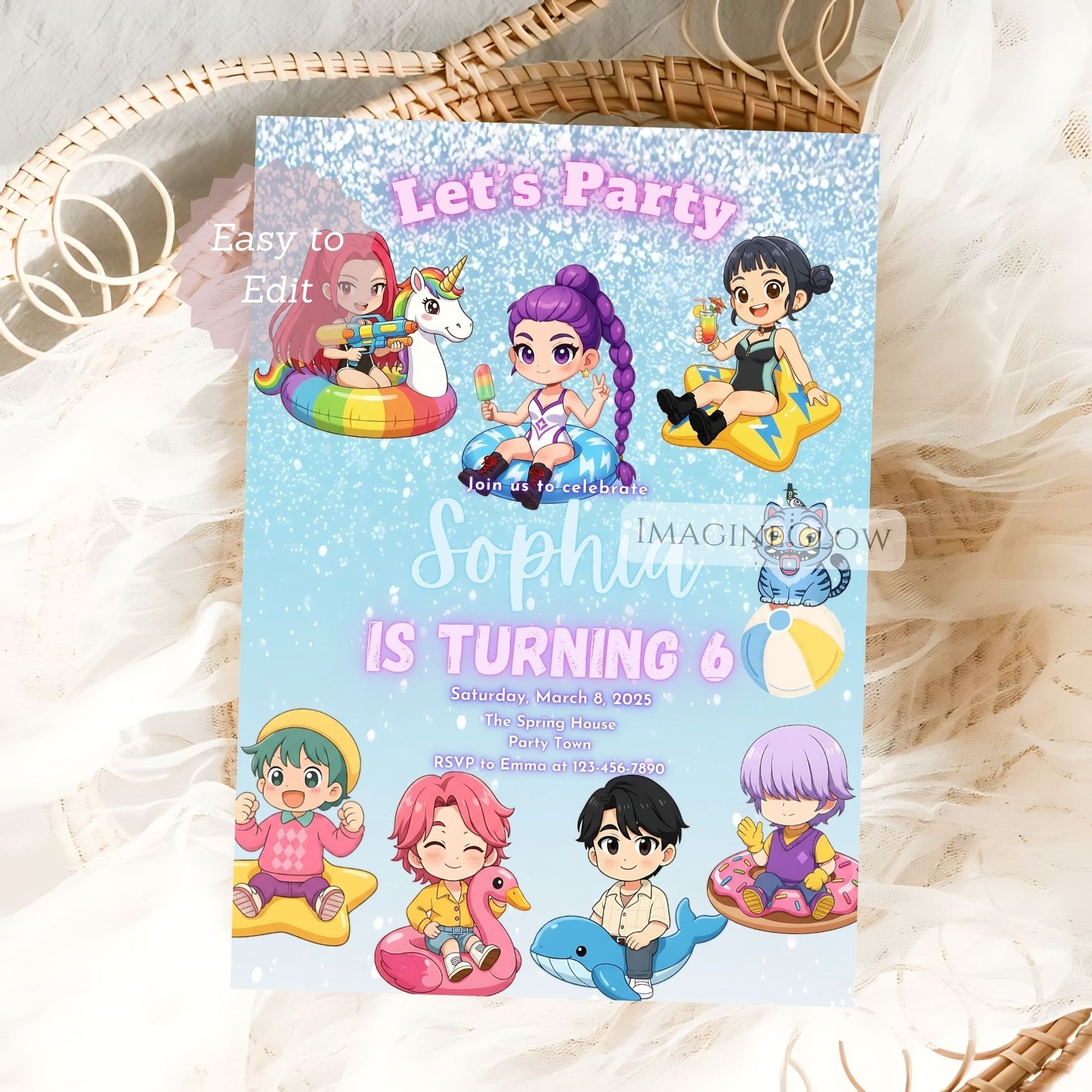 huntrix pool party invitation
kpop demon hunters birthday invite
