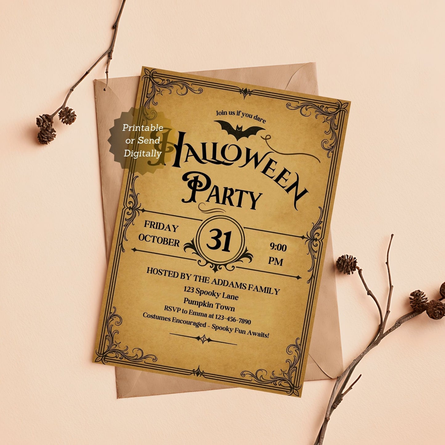 Halloween party invitation with decorative elements on a beige background