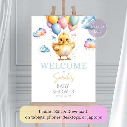 Editable chick baby shower sign with balloon design.