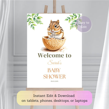 Personalized Little Peanut baby shower sign with chipmunk baby decor.
Playful chipmunk-themed baby shower welcome sign for boys and girls.
