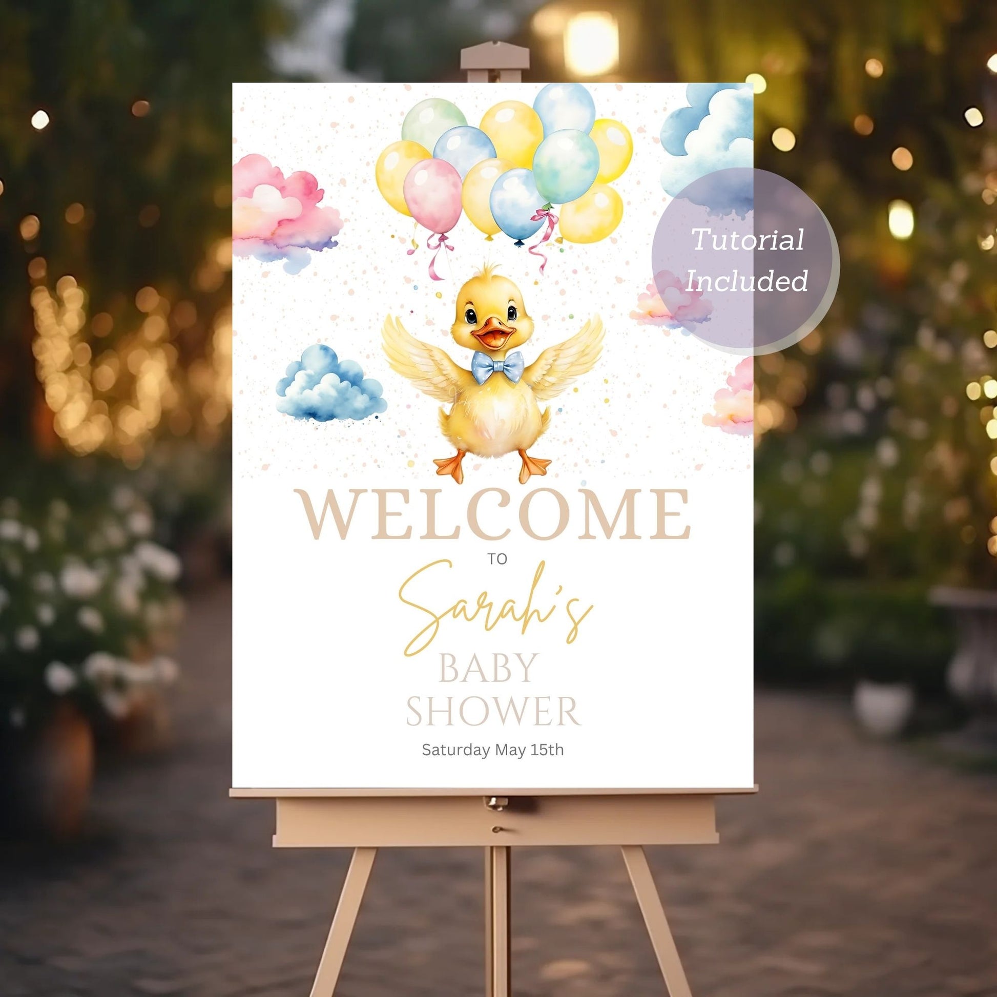 Gender-neutral baby shower party sign with adorable duck design.
