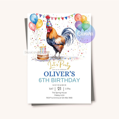 Birthday party invitation with rooster, balloons, and cake on a white background