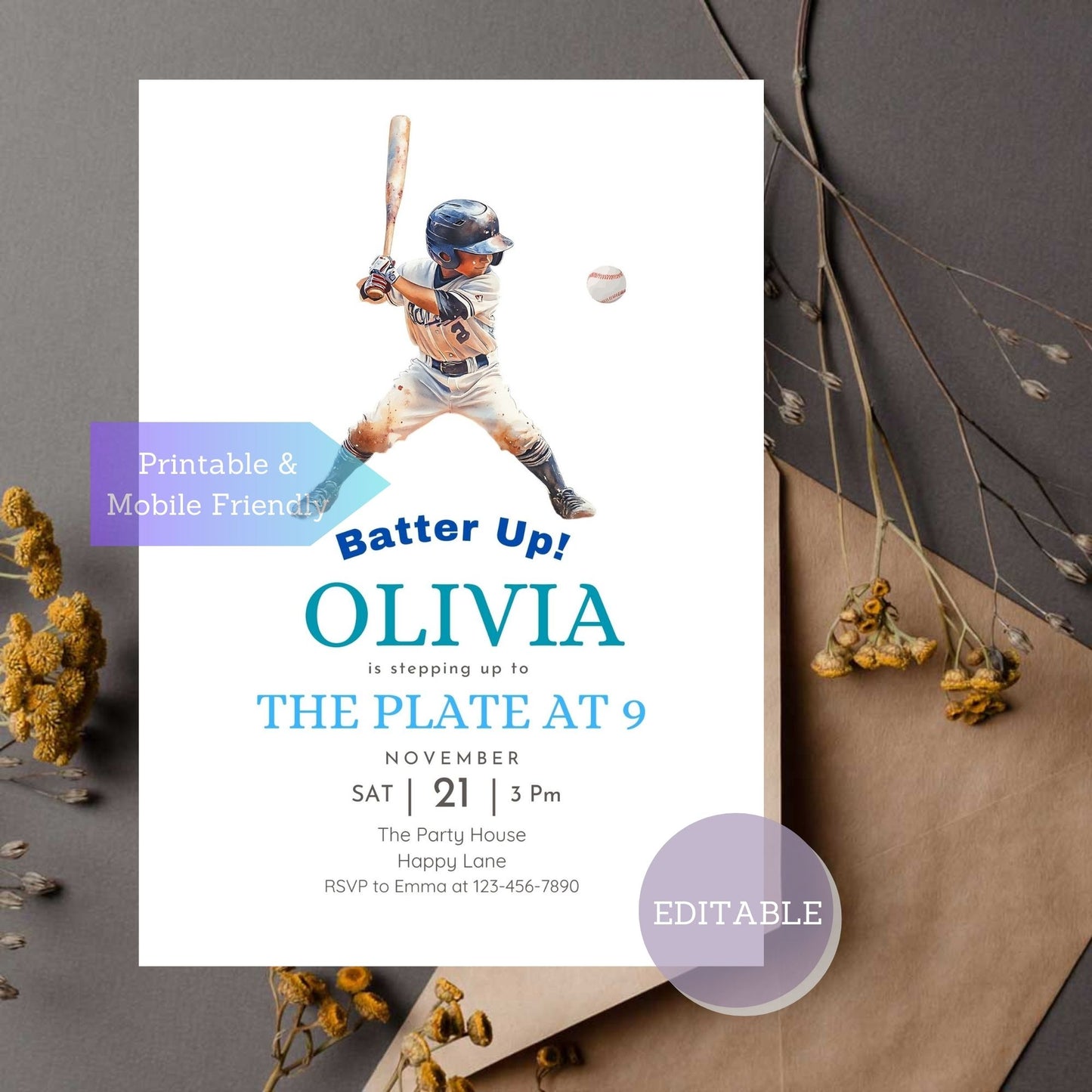 Editable baseball-themed birthday invitation template for a kid’s party.