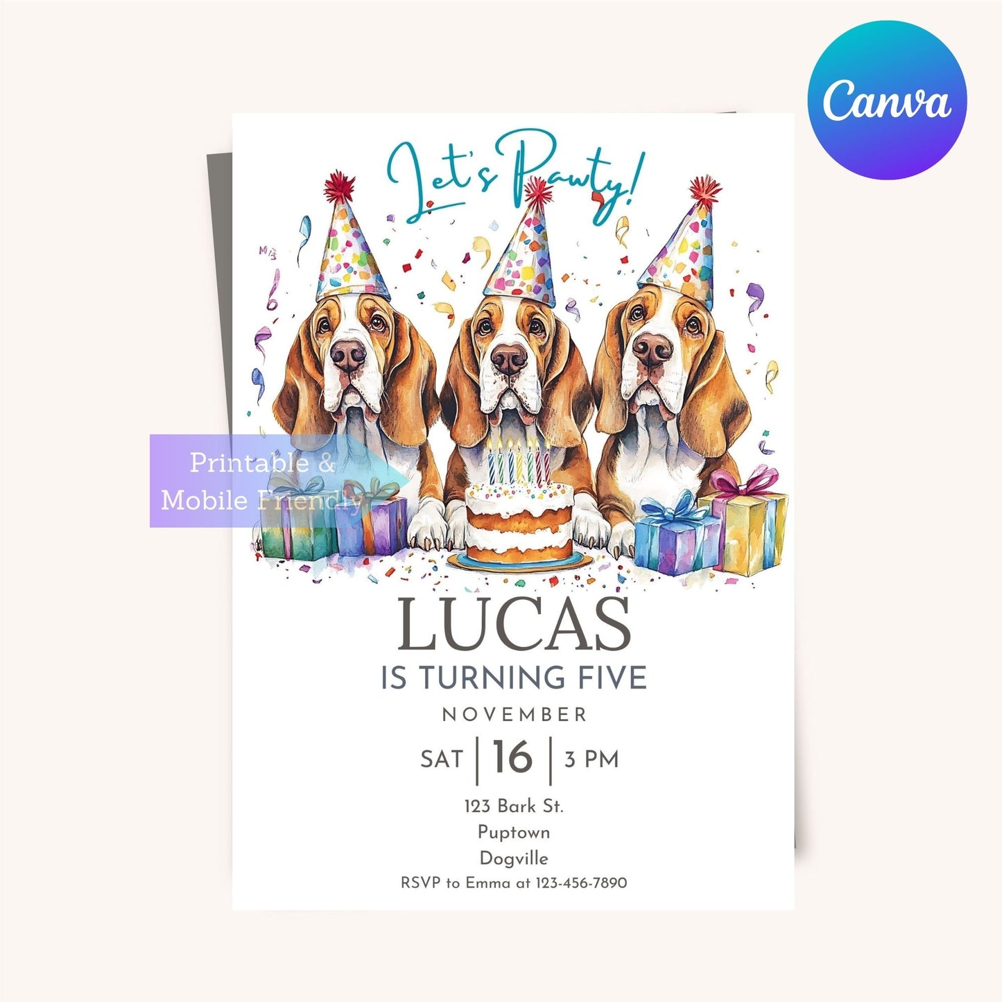 Customizable Basset Hound party card for unique celebrations.