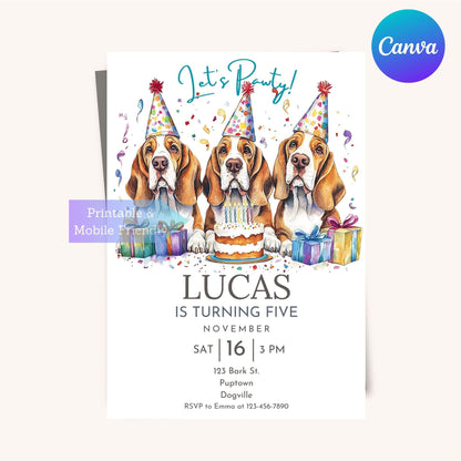 Customizable Basset Hound party card for unique celebrations.