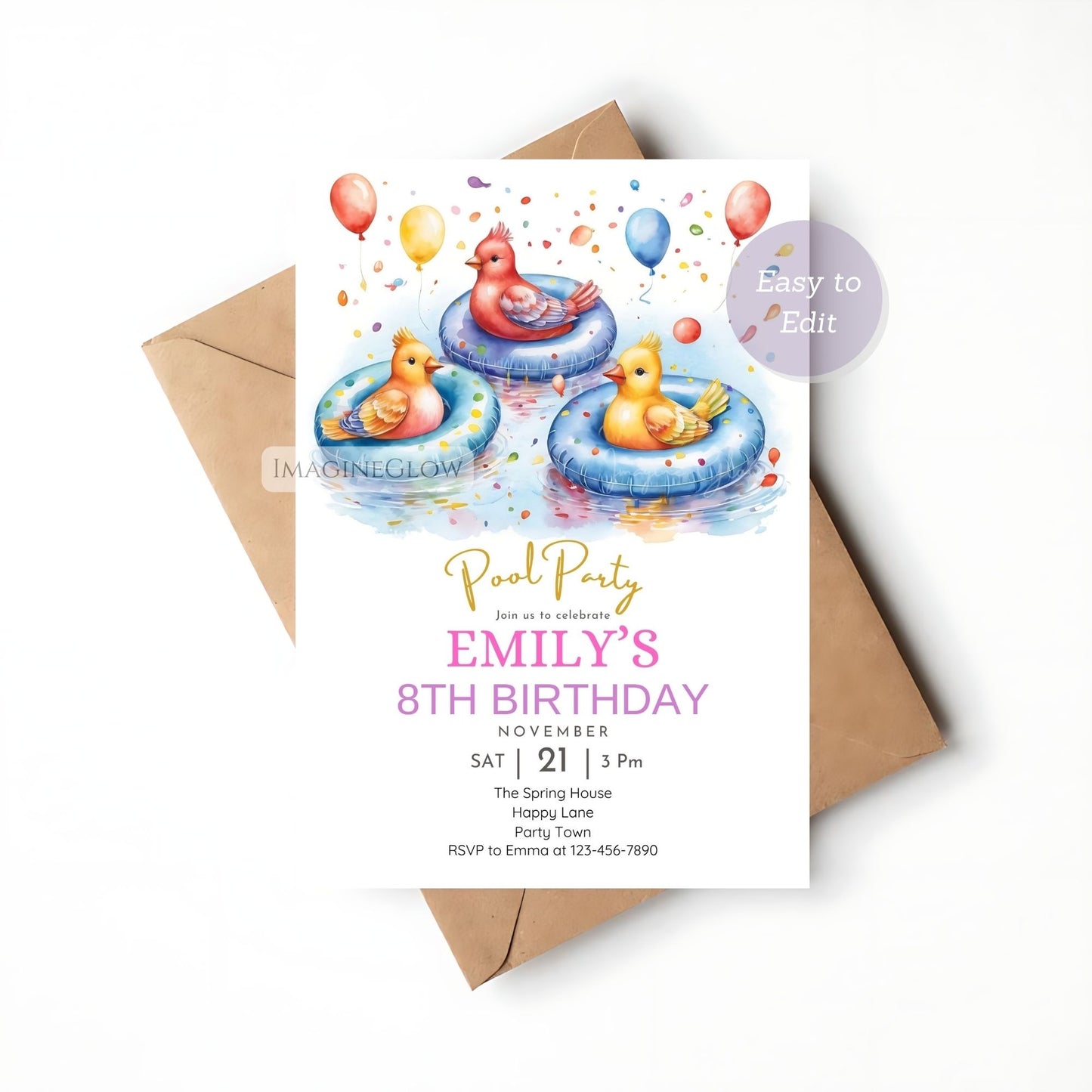 Cute poolside birthday invitation with birds and floaties
d bird pool party birthday invite