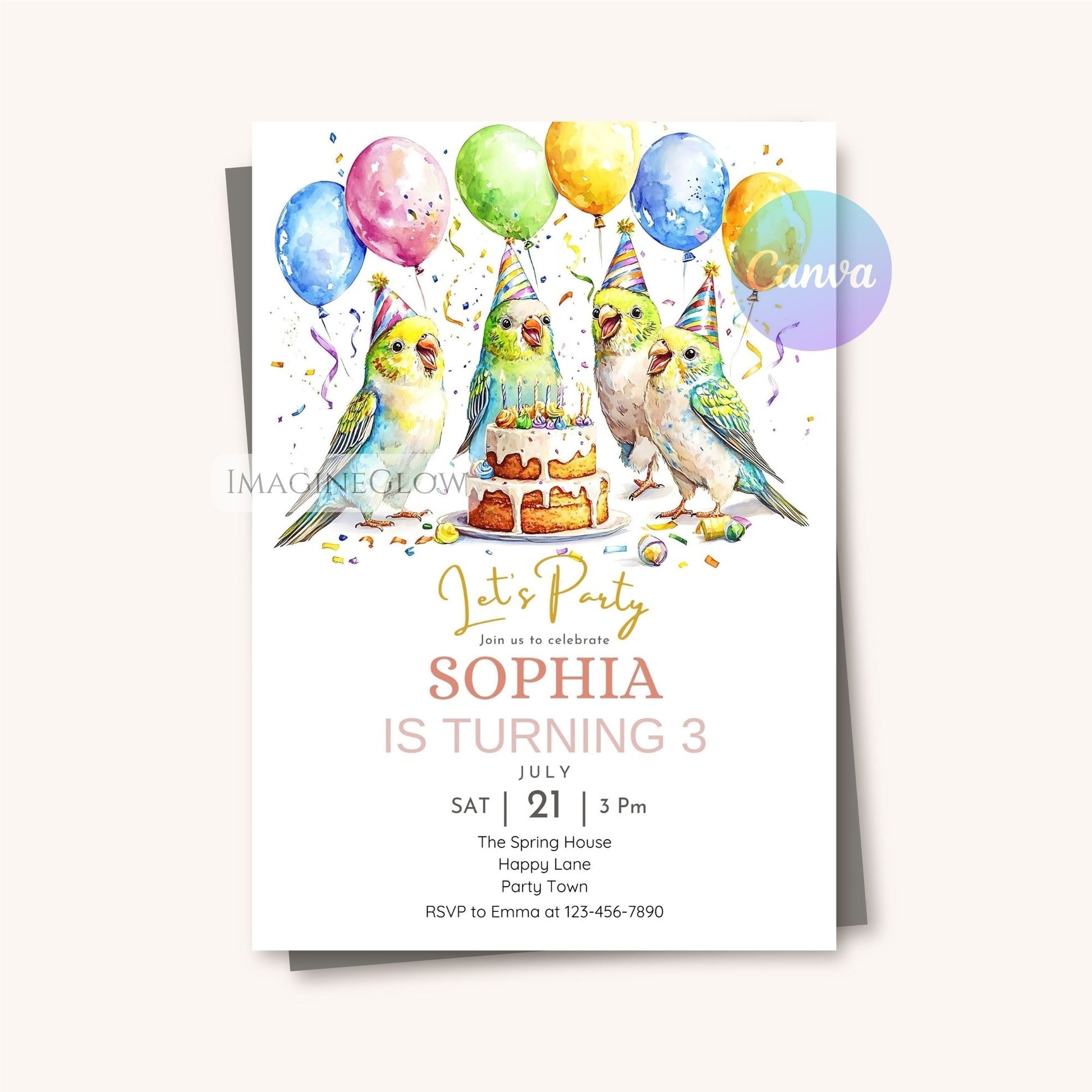 Bright and fun budgie birthday party card

