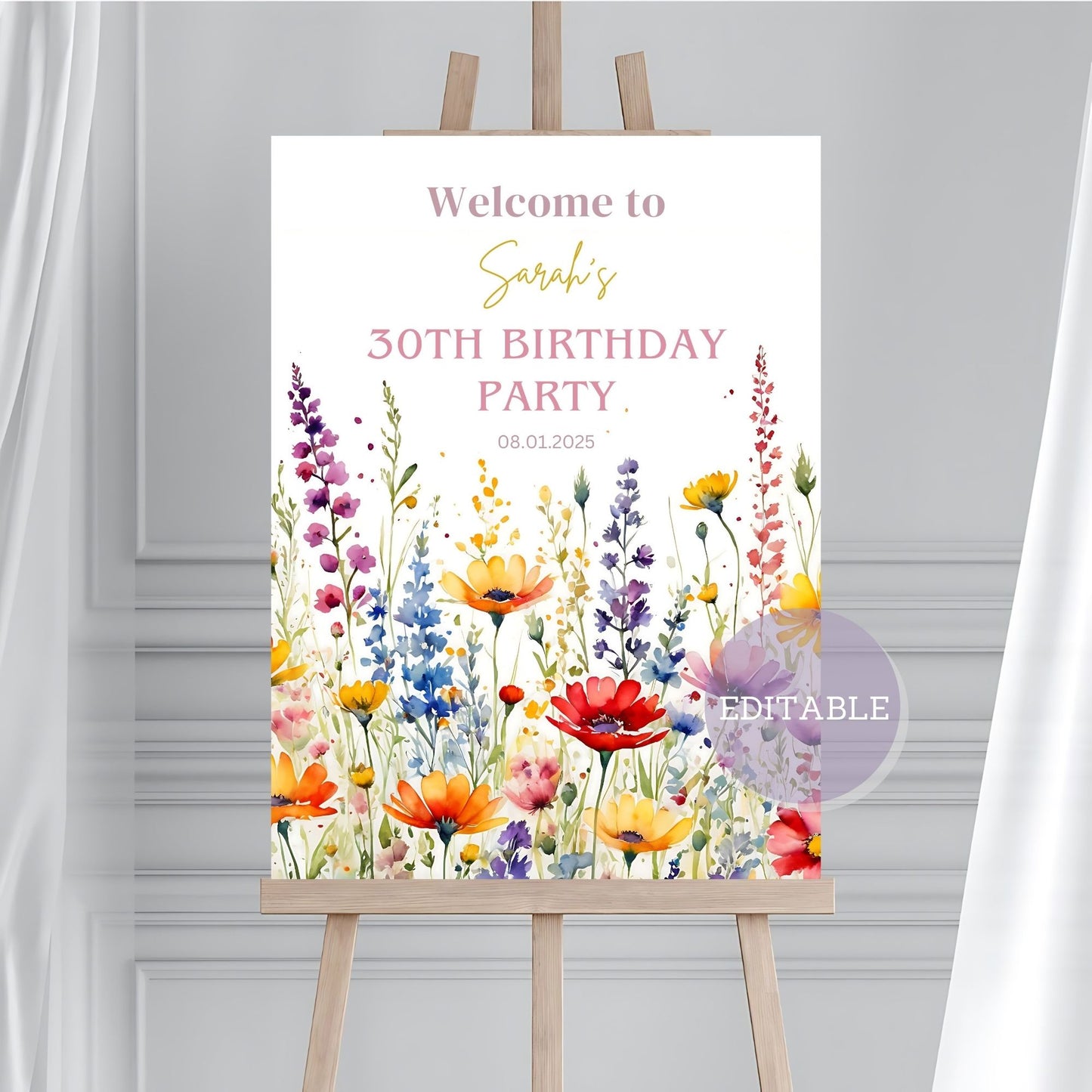 Personalized birthday celebration sign with wildflowers customizable age
Customizable birthday party welcome sign bright wildflowers editable for any age