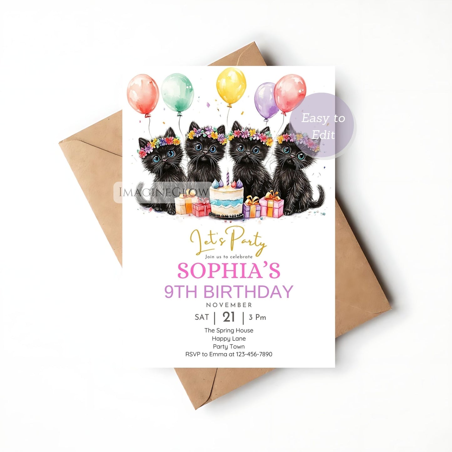 Personalized black cats floral birthday party invitation
