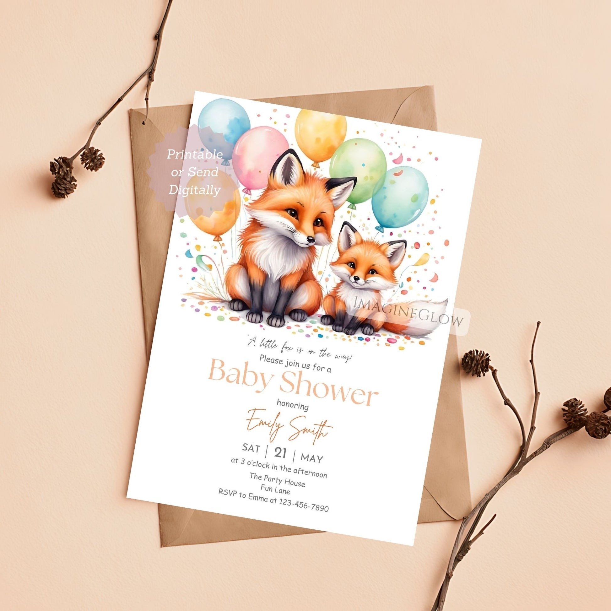 mom and baby fox boho baby shower invite
