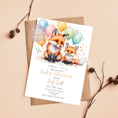 mom and baby fox boho baby shower invite
