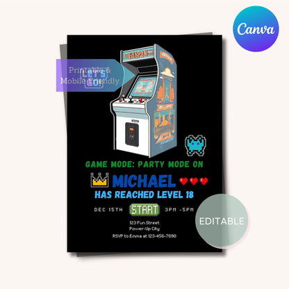 Customizable arcade party invite for boy’s birthday celebration