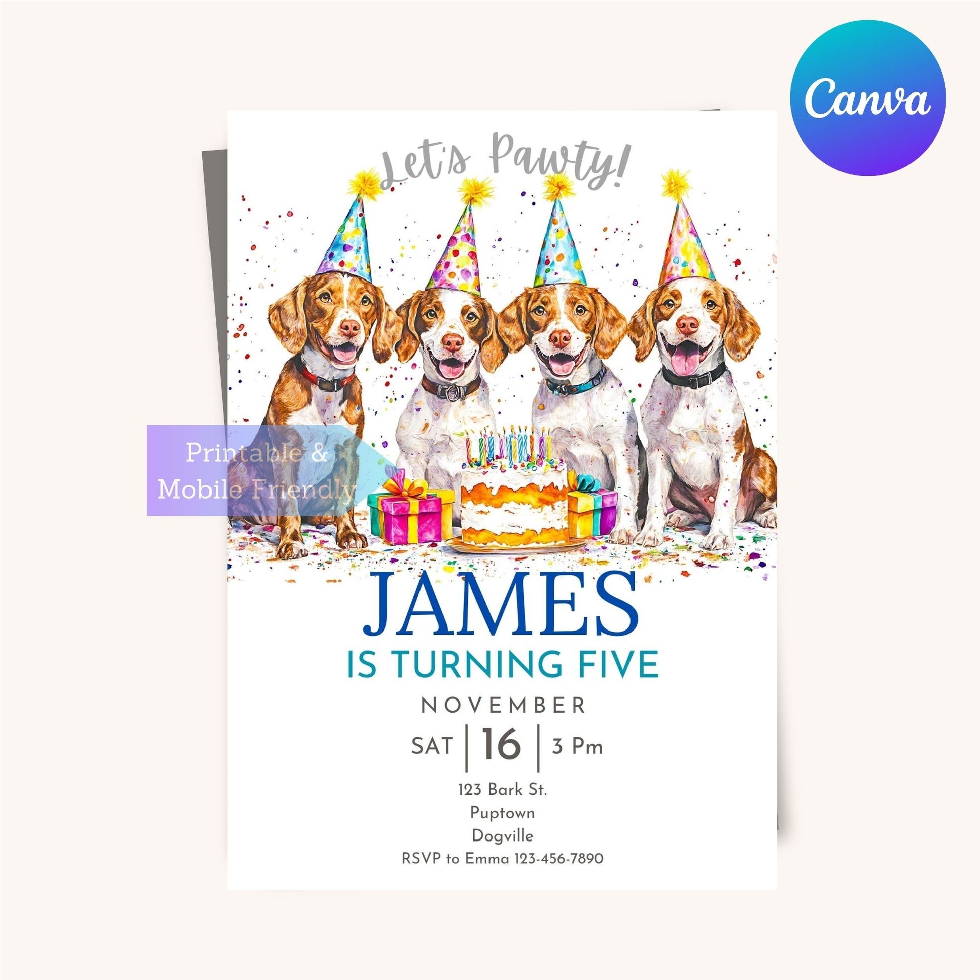 Custom dog birthday invite featuring a Brittany Spaniel design.