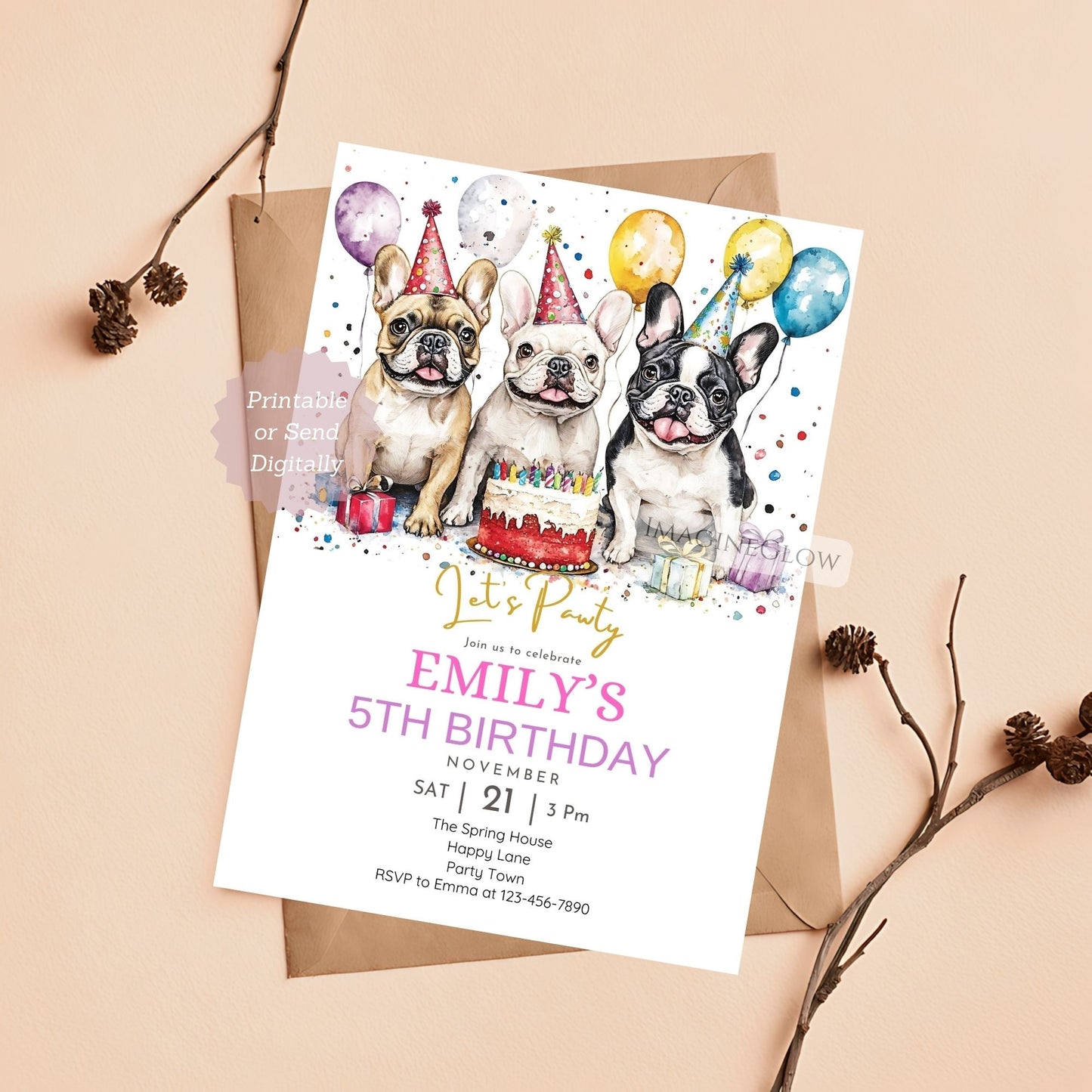 Three French bulldogs birthday invitation printable
