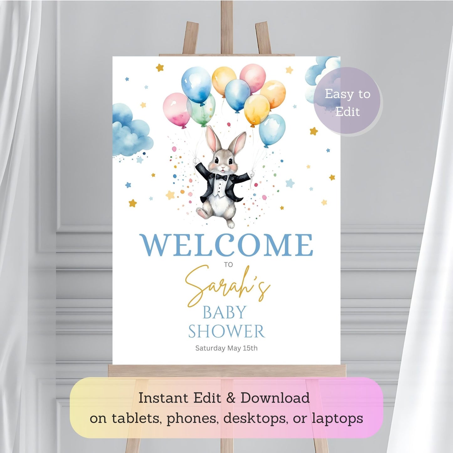 Bunny balloon baby shower welcome sign for boys.
