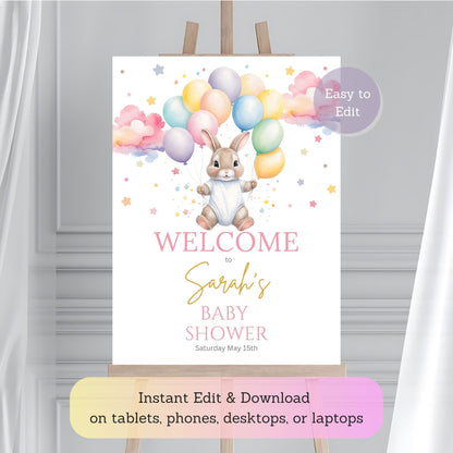 Bunny balloon baby shower welcome sign for girls.
